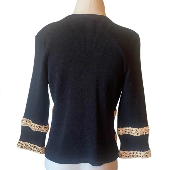 Vintage Black & gold crochet cardigan sweater 3/4 sleeves metallic unique button - Picture 4 of 9